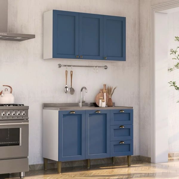 Armário de Cozinha Modulada Áurea 120cm com Balcão para Pia Multimóveis CR20492 Branco/Azul