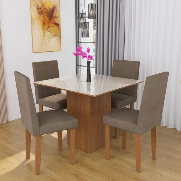 Conjunto Mesa de Jantar com Vidro e 4 Cadeiras Estofadas Multimóveis CR50259 Freijó/Off White/Cacau