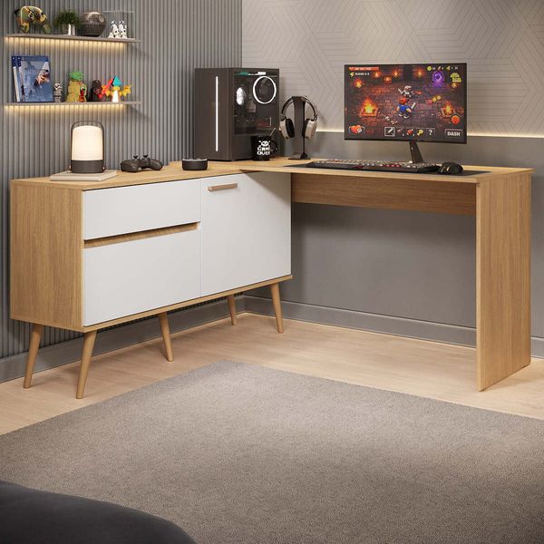 Mesa Gamer em L para Computador 2 Portas 1 Gaveta Arena Multimóveis MP6050 Madeirado/Branco