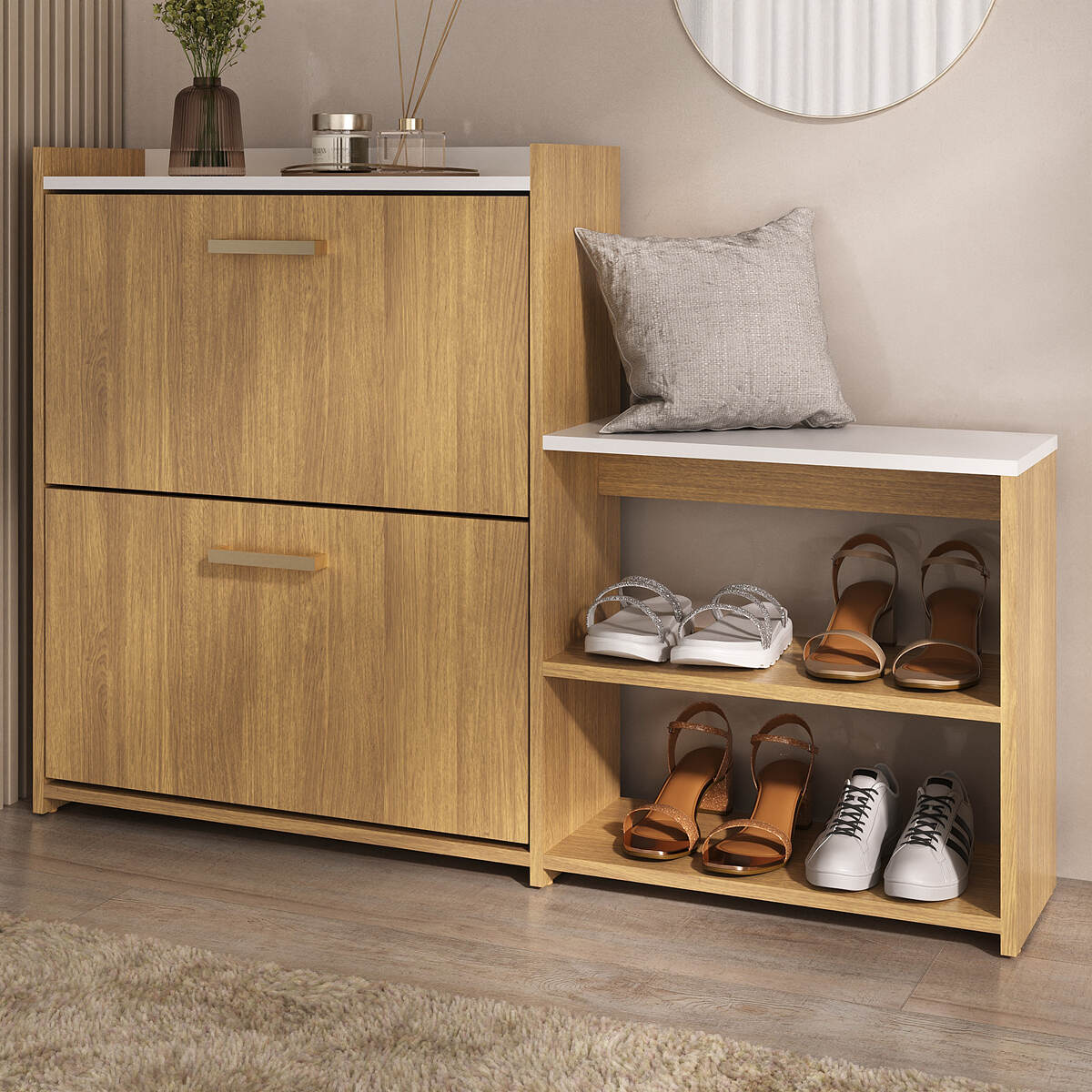 Sapateira Organizadora Com Assento e 2 Portas Multiuso Califórnia Multimóveis MP6059 Madeirado/Branco
