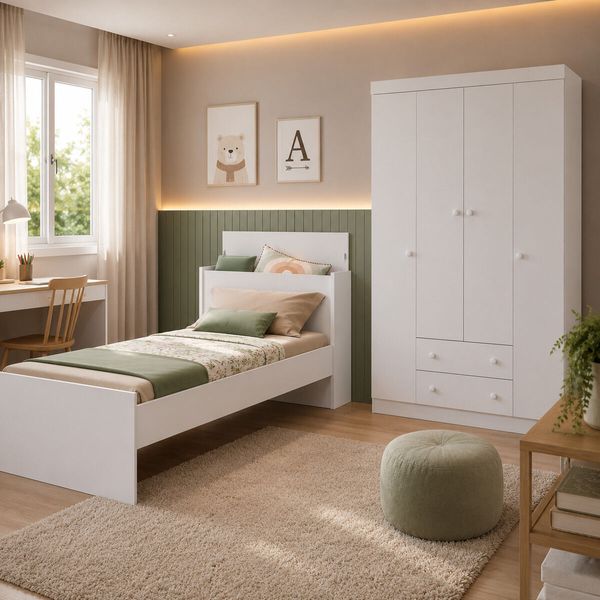 Jogo de Quarto com Cama Solteiro e Guarda-roupa 4 Portas 2 Gavetas Lira Multimóveis MP4838 Branco