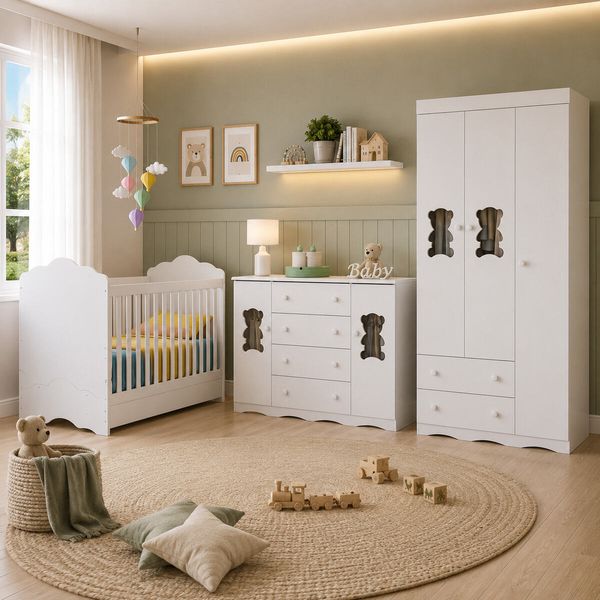 Quarto Bebê Completo Berço 3 em 1/Guarda-Roupa 3 Portas/Cômoda 4 Gavetas Vicente Multimóveis MP4845 Branco