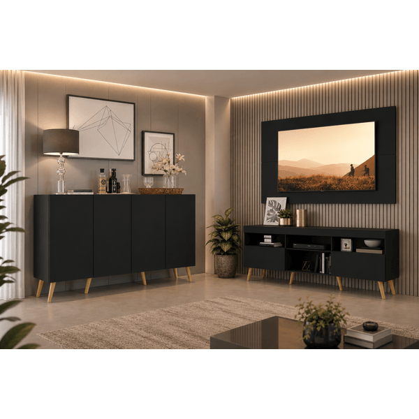 Conjunto Sala de Estar Rack + Painel TV 65" e Aparador Retrô Sofia Multimóveis Preto/Natural