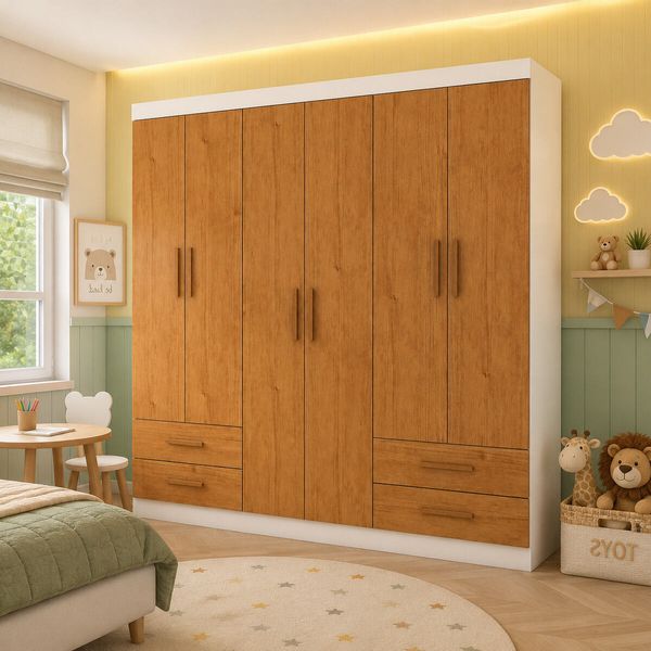 Guarda-roupa Infantil com 6 Portas e 4 Gavetas 177cm Multimóveis CR35560 Branco/Madeirado