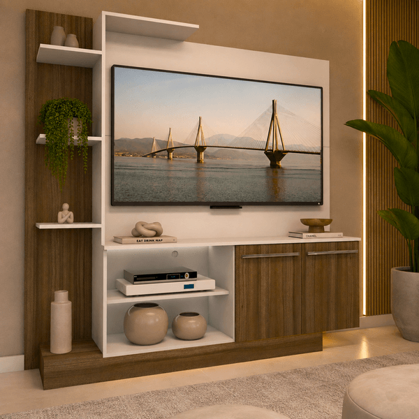 Estante com painel para TV até 55" e 2 portas Porto Multimóveis Branco/Madeirado