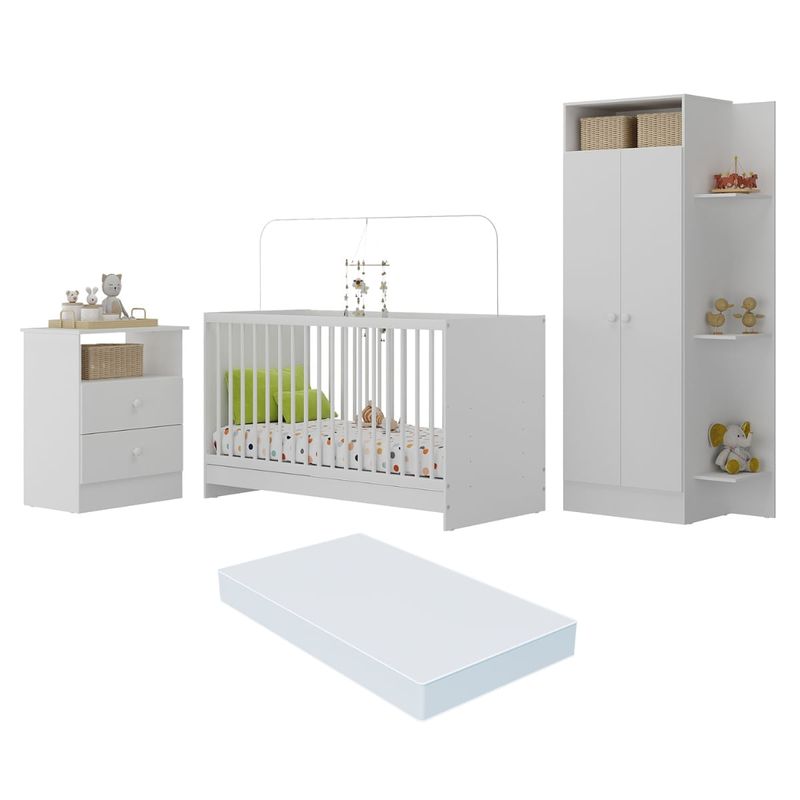 Jogo de Quarto Infantil com Colchão Incluso Trevalla Móveis Pom Pom Branco-1758906319042