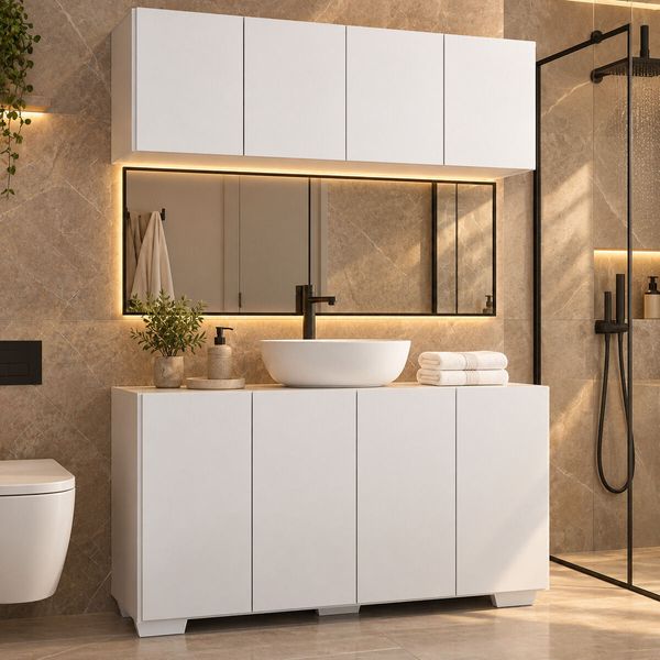 Conjunto de Banheiro com Aéreo e Balcão 4 Portas 123,5cm Multimóveis MP5541 Branco