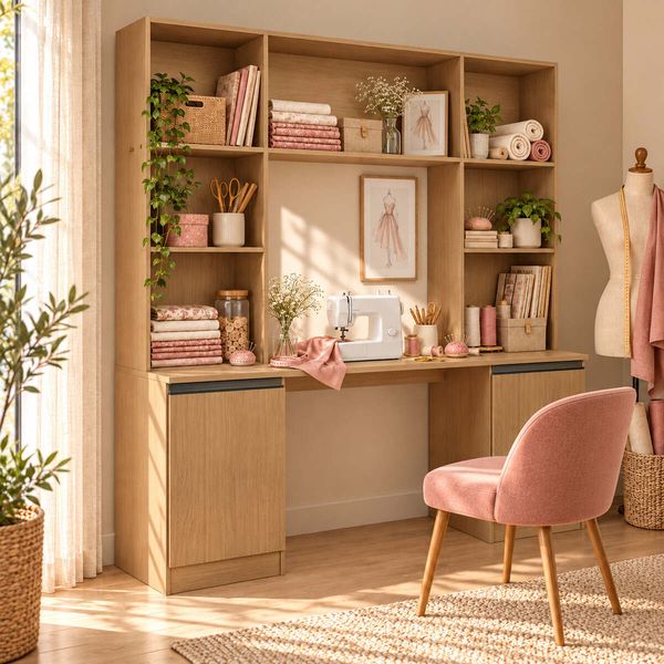 Mesa de Costura com Estante e 2 Portas para Ateliê 180cm Multimóveis MP6112 Madeirado